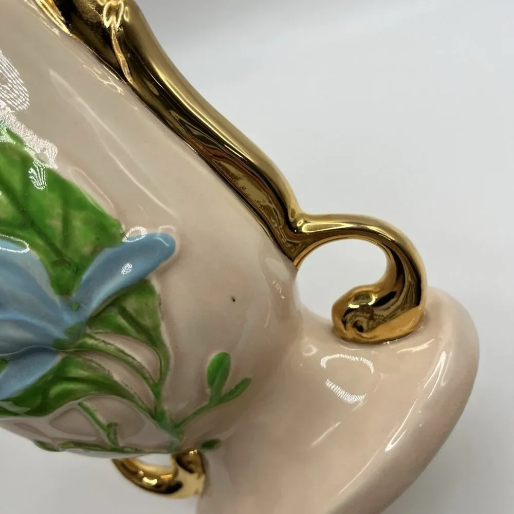 Vintage Hull Pottery Vase USA Art Baby Pink Gold Handles Blue Floral Mid Century